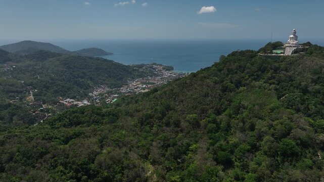 sunny day phuket island famous mountain top big buddha monument park coastline aerial panorama 4k thailand