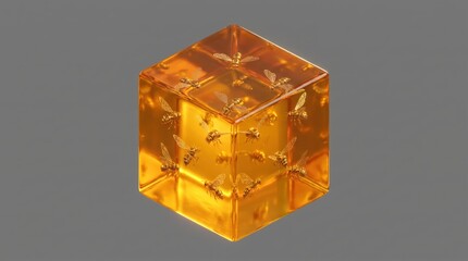 Obraz premium Surreal Solar Honey Cube with Golden Mechanical Bees Floating Inside.
