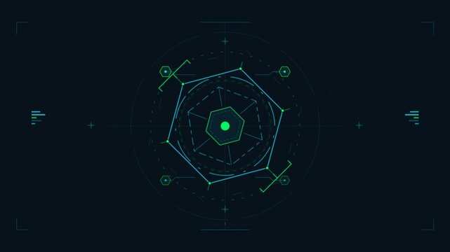 Futuristic neon hexagonal hud interface with rotating data elements