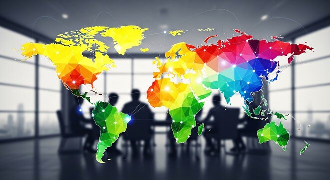 Colorful world map with business team silhouettes in modern office conference room for global teamwork and international collaboration concept