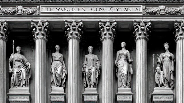 Ornate building facade featuring classic sculptures and grand columns in monochrome