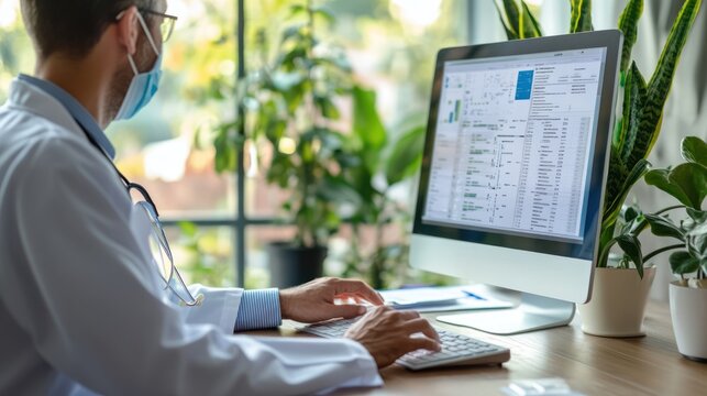 Doctor using computer, analyzing data, bright office, medical research, telehealth use