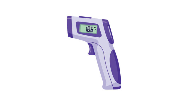 Purple handheld infrared thermometer digital sensor reading white studio focus for health marketing
