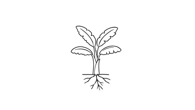 Banana tree growing animation with root system in minimalist black line art style on white background