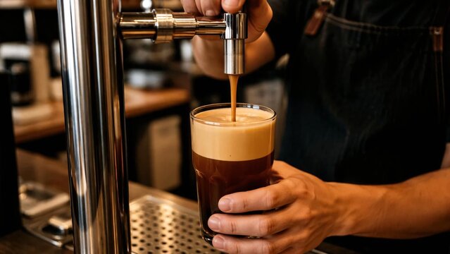 Close up of barista pouring nitro cold brew coffee from a metallic tap into a glass in coffee shop.