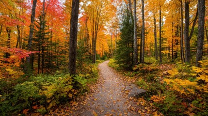Fototapeta premium Vibrant autumn forest path with colorful foliage and golden sunlight filtering through trees