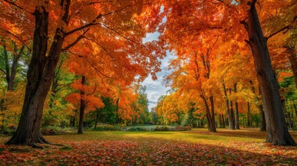 Obraz premium Vibrant Autumn Forest Canopy with Golden Orange Leaves and Sunlight Shining Through Trees