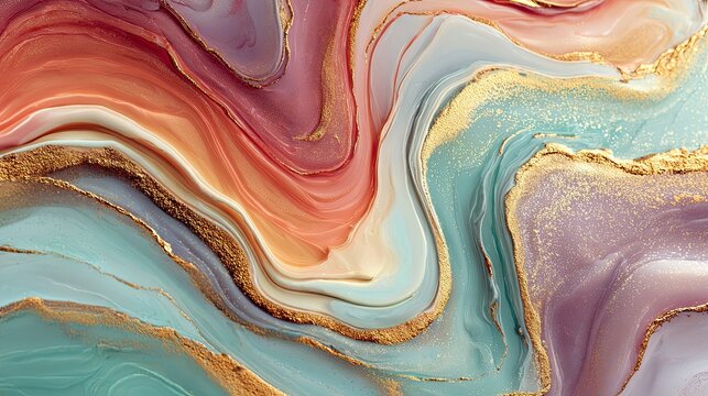 Abstract fluid art texture with soft pastel color gradients, flowing wavy bands of coral red, orange pink, mint green,
haze blue, and lilac, layered to mimic natural marble and agate veining, dotted