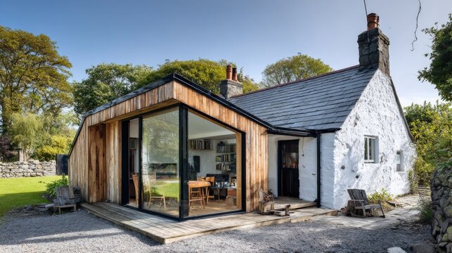 Charming renovated stone cottage with modern wood extension and large glass windows, set in a lush garden.