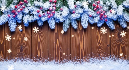 Obraz premium Festive Christmas Branch Border with Snowflakes and Berries Over Rustic Wooden Background