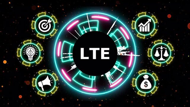 Abstract technological background animation with digital glowing lte text motion.