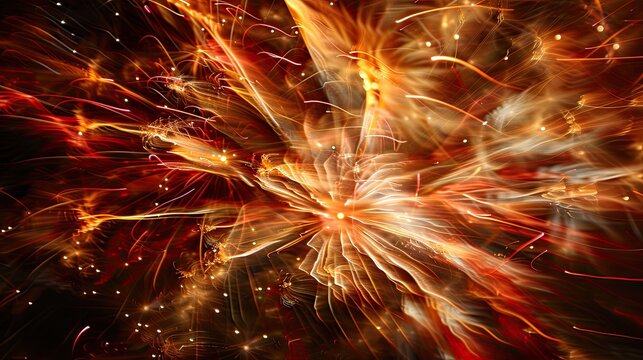 Against the inky dark night sky, a massive firework bursts at the lower center of the frame, its bright white core
radiating streaks of orange, gold, white, and red light, with adjacent smaller