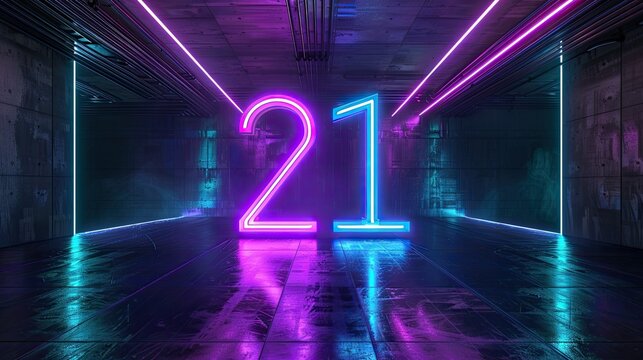 21, neon, cyberpunk, futuristic corridor, dim industrial dark walls extend into hazy distance, glowing purple and
blue linear neon strips line ceiling and sides, high-shine floor casts clear