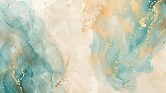 Elegant abstract fluid art work with soft gradient transitions, presenting a natural marble texture formed by diffused
ink, blending dreamy blue, fresh green, warm gold and gentle beige hues, with