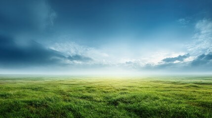 Naklejka premium Vast Green Meadow Under a Dramatic Sky with Rays of Sunlight Breaking Through Clouds