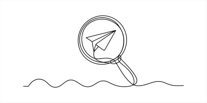 Continuous line drawing of a paper plane inside a magnifying glass
