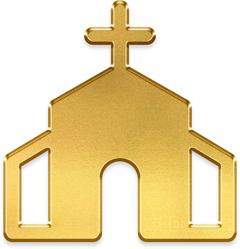 Gold church icon on metallic round badge shiny glossy symbol