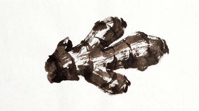 Minimalist Japanese Sumi-e Style Ink Brush Illustration of Raw Ginger Root on Textured Paper