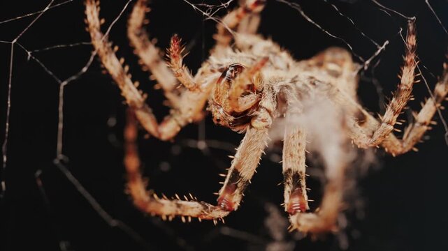 Large orb weaver spider constructing intricate silk web in darkness macro close up.