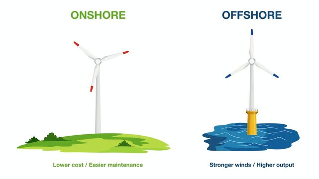 Animation of Wind Energy Onshore vs Offshore Comparison Diagram, Educational diagram comparing onshore, offshore wind turbines showing cost, wind speed, and location differences for science classroom