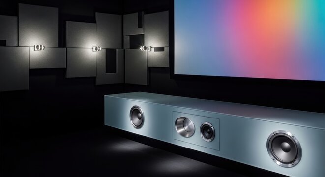 Home theater system, soundbar speakers, colorful screen, modern audio equipment