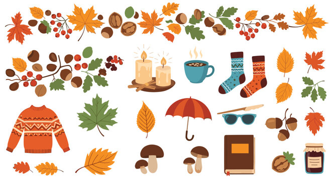 Massive set of autumn-themed objects including colorful leaves acorns mushrooms a sweater candles coffee socks and an umbrella.