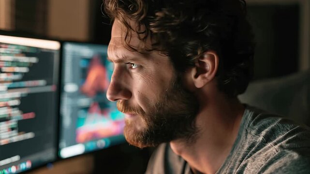 Scientist works late at night at dual-monitor setup with computer code and data visualizations displayed on the screens