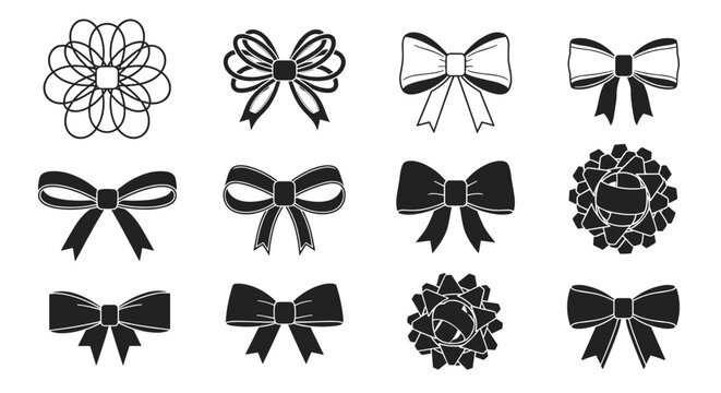 Set of decorative black ribbon bow icons in different styles and shapes for gift wrapping or fashion design elements.