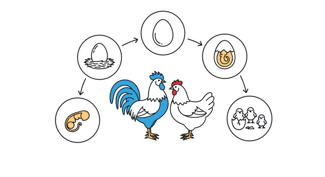 Educational diagram showing the complete life cycle of a chicken from mating and egg laying to embryo development and hatching.