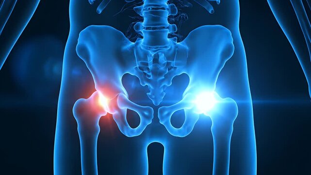 Hip joint pain animation showing inflammation in the pelvis area on blue background.