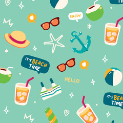 Hand-Drawn Summer Vacation Elements Pattern on Pastel Background © Muhammad