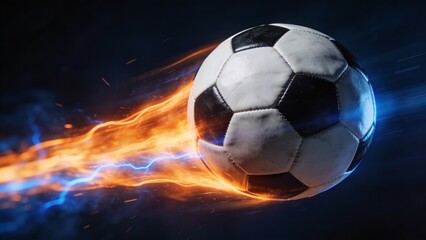 Fototapeta premium Ultra Dynamic Flaming Soccer Ball With Electric Energy Trail Flying Through Dark Background High Speed Sports Concept