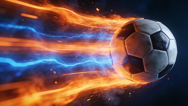 Ultra Dynamic Flaming Soccer Ball With Electric Energy Trail Flying Through Dark Background High Speed Sports Concept