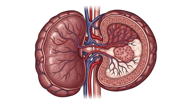 Detailed anatomical diagram of human kidneys and adrenal glands.