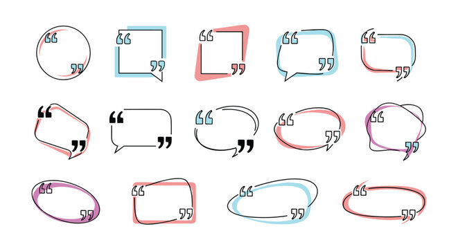 Collection of modern quote box templates with speech bubbles and quotation marks in various shapes and pastel colors.