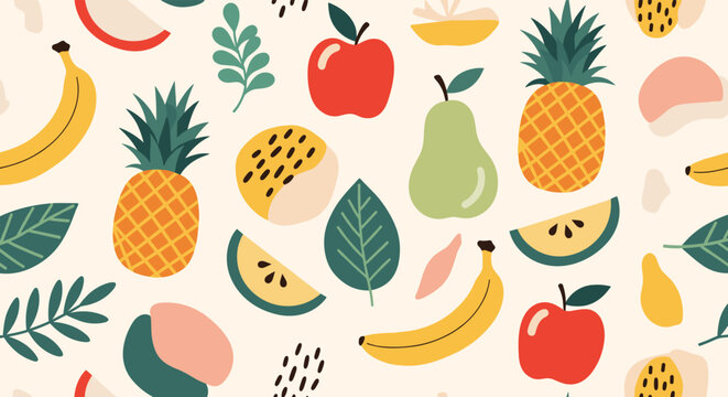 Colorful seamless pattern featuring tropical fruits like pineapples, bananas, and apples mixed with abstract leaves and shapes.