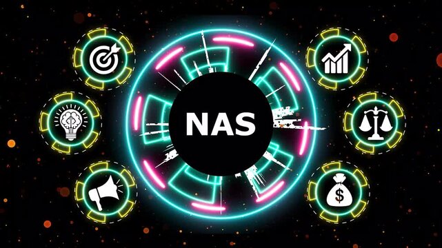 Neon digital background featuring dynamic glowing circular icons and nas lettering.