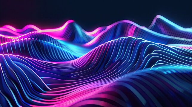 Futuristic abstract 3D cyberpunk digital art, glowing neon parallel lines undulate to form wave-like fluctuating three-dimensional terrain, bright pink and ice blue gradient hues with purple