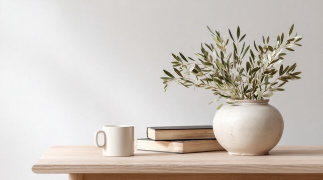 Minimalist Home Decor: Neutral Tone Vase with Greenery, Coffee Mug, and Books on Wooden Table