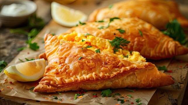 Three crispy golden samosa fried pastries rest on crumpled light brown baking paper atop a rough dark wooden table, one split open to reveal cheesy yellow filling, garnished with fresh parsley