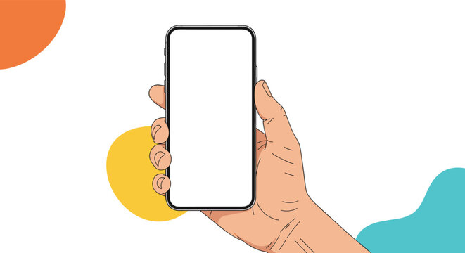 Human hand holding modern smartphone with blank white screen against abstract background with colorful circles and wavy shapes.