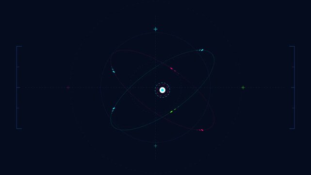 Blue atom model with electrons orbiting a central glowing nucleus
