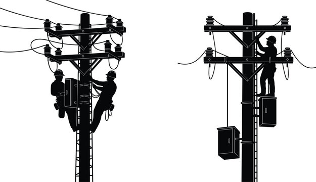 Electrician lineman silhouette working on utility pole high voltage power lines grid maintenance vector illustration