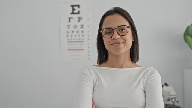 Woman optician adjusts glasses and smiles while holding frames in an eye clinic building; confidence care expertise.
