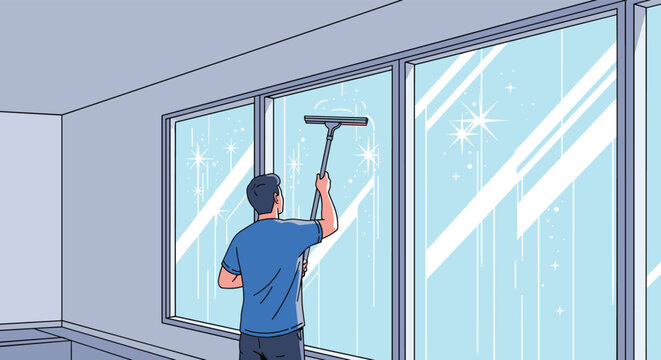 Professional window cleaner using a squeegee to wash a large glass window in a modern bright room with sparkling clean results.