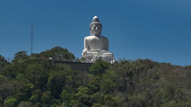 day time phuket island famous mountain park top big buddha monument aerial panorama 4k thailand