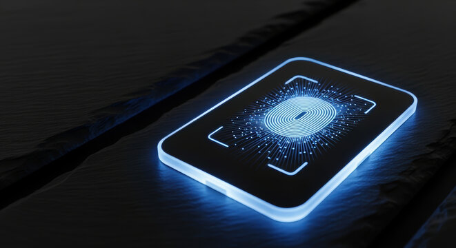 Fingerprint data privacy concerns concept with glowing biometric scanner on smartphone screen