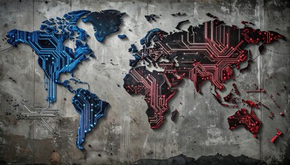 Naklejka premium Digital World Map with Circuit Board Connections and Grunge Texture.