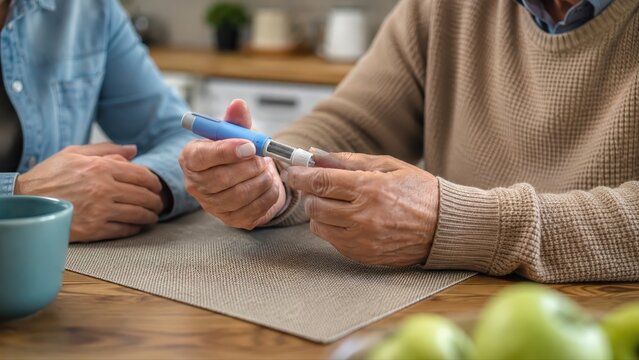 Senior Person Using Glp-1 Injector Pens for Diabetes Care at Home Table