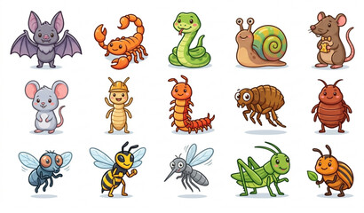 Obraz premium Pest Management Mascot Vector Set with Rat Mouse Mosquito Termite and Scorpion Characters